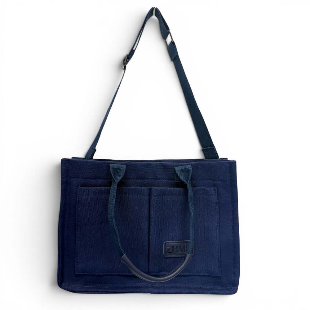 Navy Canvas Tote Bag Compartments Crossbody Work Laptop Purse Teacher Nurse NEW